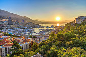 Monaco Ville Harbour sunrise city skyline, Monte Carlo, Monaco