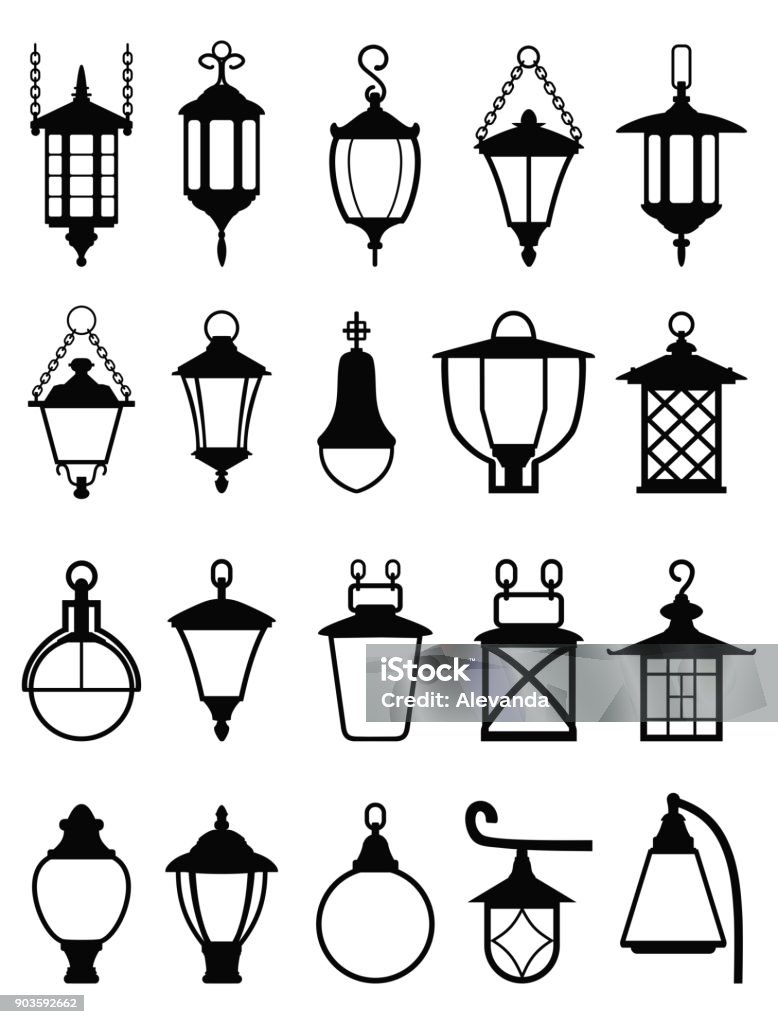 Set of different types of black silhouettes lamps. Vector illustration. Vector detailed illustration of black silhouettes of plafonds of street lamps isolated in a flat style on white background. Set of street lamps Lantern stock vector