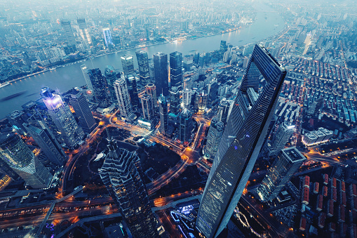 Shanghai China modern skyscrapers skyline aerial view night