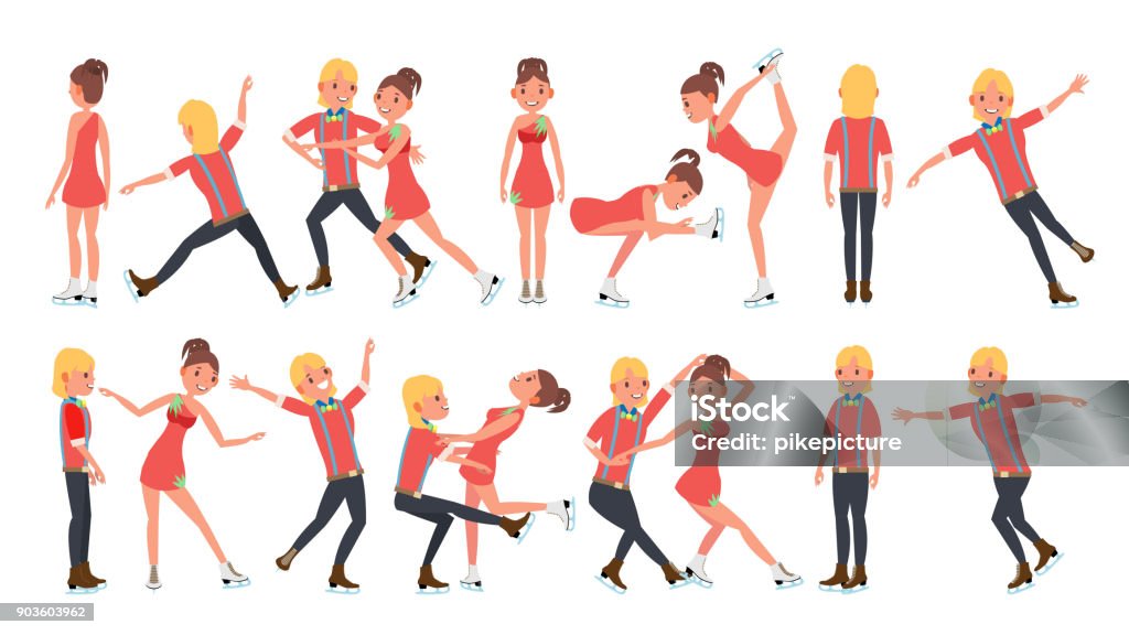 Pair Figure Skating Couple Boy And Girl Vector. Skate Male And Female. Training Ice Show. Boy And Girl In Pair. Isolated On White Cartoon Character Illustration Couple With Ice Skaters Vector. Training Ice Show. Boy And Girl In Pair. Cartoon Character Illustration Dancing stock vector