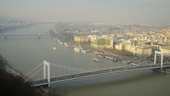 Aerial view of Danube river and Budapest in Hungary