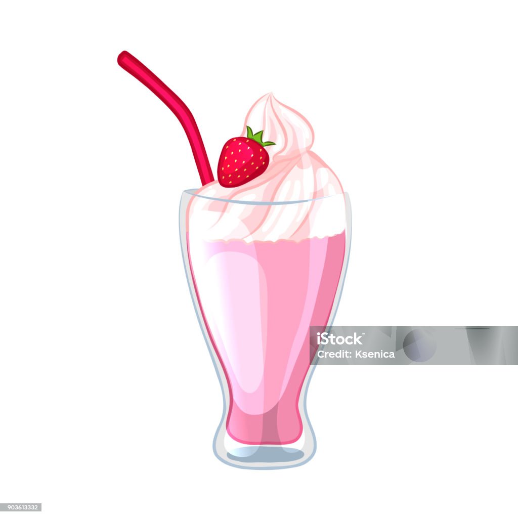 크림 딸기 밀크 쉐이크입니다 빨 대와 유리에 마실 만화 아이콘입니다 흰색 배경에 고립 된 개체입니다 딸기 밀크 셰이크에 대한 스톡 벡터  아트 및 기타 이미지 - Istock
