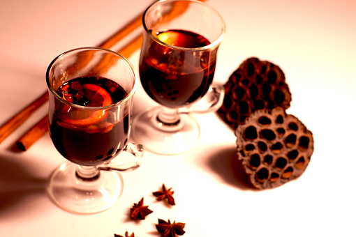 Winter mulled wine for two people Christmas mulled wine. Holiday concept decorated with  branches