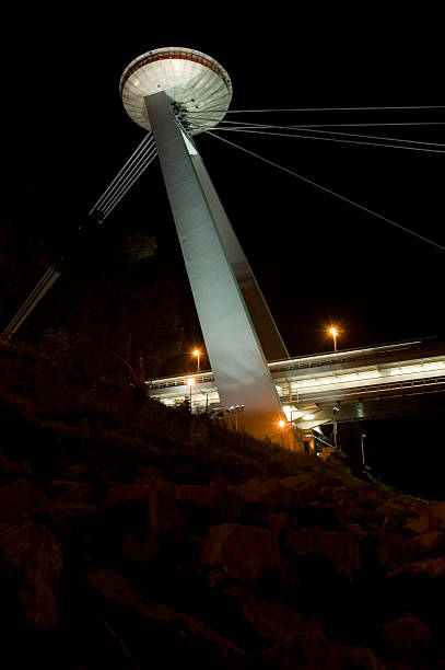 Budapest, Hungary: February 17, 2024: Liberty bridge at night. Citadella on the background.