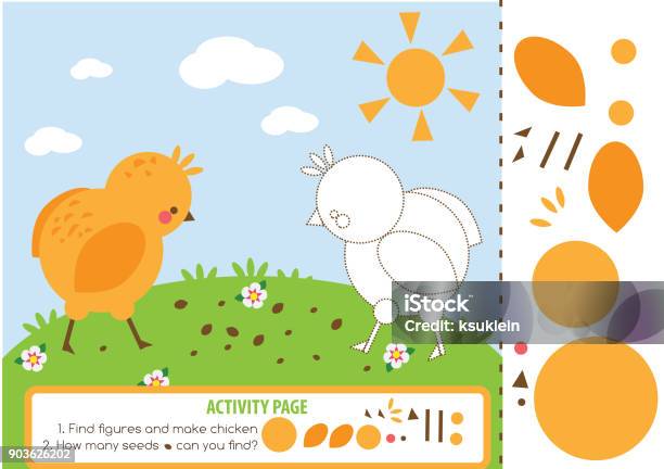 Activity Page For Kids With Chicken Educational Children Game Counting And Cutting Learning Shapes And Mathematics Stock Illustration - Download Image Now