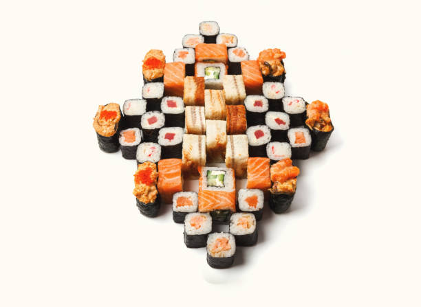 Set of sushi, maki and rolls isolated on white background