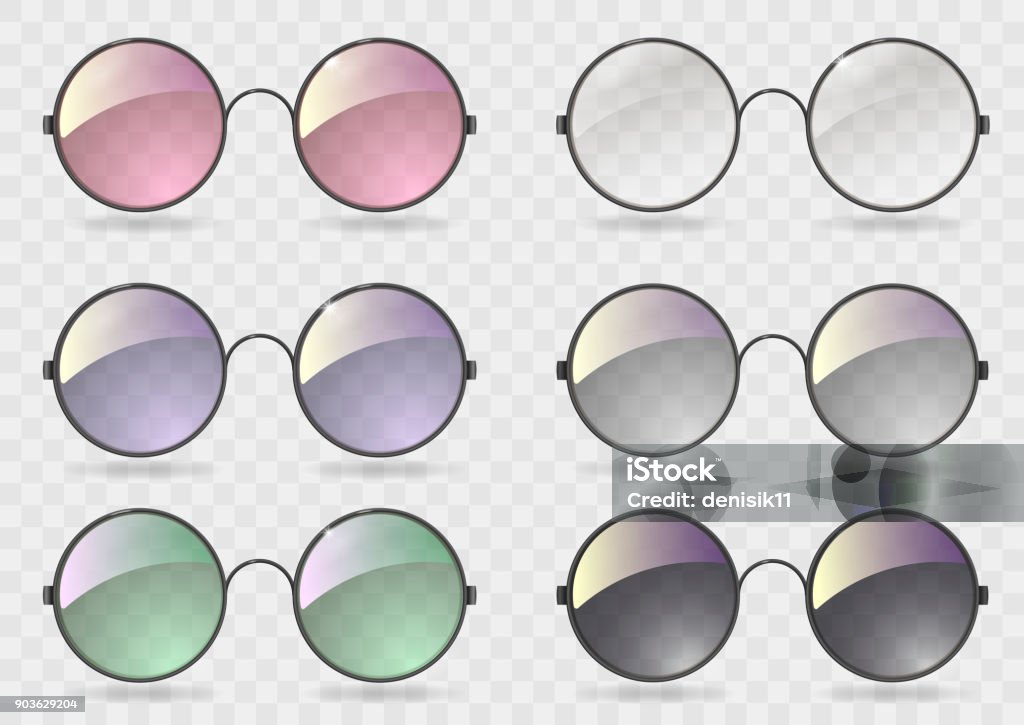 Set round glasses with different glass Set of round glasses with different lenses. Retro style. Hippie. Vector graphics with transparency Eyeglasses stock vector