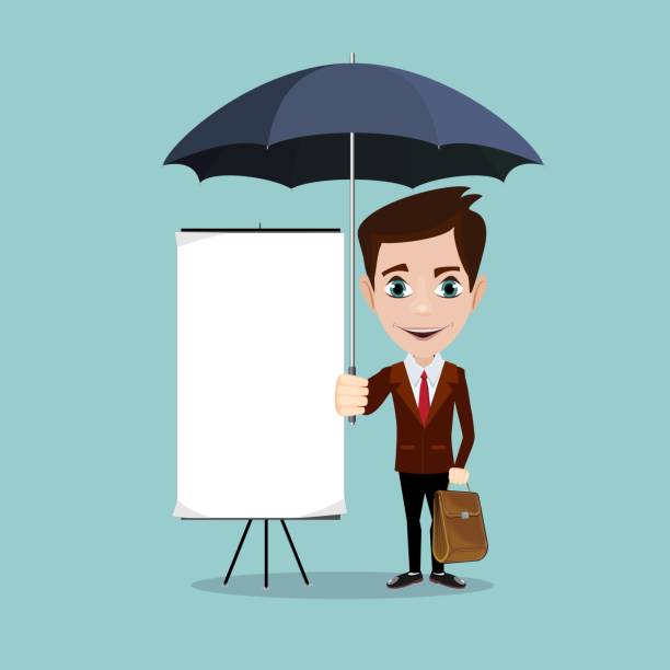 ilustrações de stock, clip art, desenhos animados e ícones de young men with a poster and umbrella - umbrella men business businessman