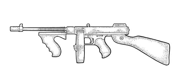 ilustraciones, imágenes clip art, dibujos animados e iconos de stock de arma automática de gángsteres arma de tommy. vintage grabado - tommy gun