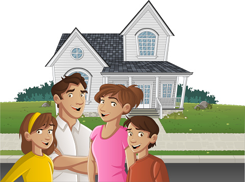 Cartoon Family In Front Of A House Stock Illustration - Download Image Now  - House, Sidewalk, Suburb - iStock