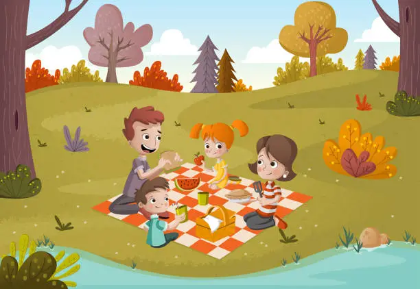 Vector illustration of Cartoon family having picnic in the park on a sunny day. Nature background.