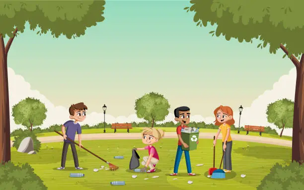 Vector illustration of Colorful green park with teenagers cleaning trash. People recycling.