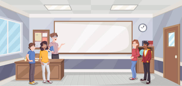 Cartoon Students In Classroom With Teacher School Building Stock  Illustration - Download Image Now - iStock