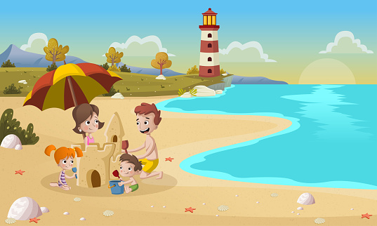 Cartoon family building sand castle on beautiful beach.