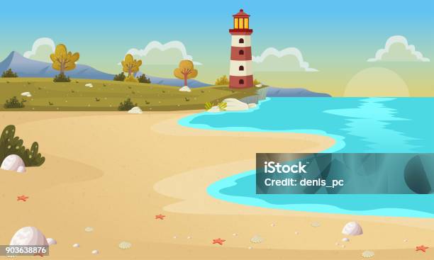 Beautiful Beach With Blue Ocean And Trees Stock Illustration - Download Image Now - Beach, Landscape - Scenery, Coastline