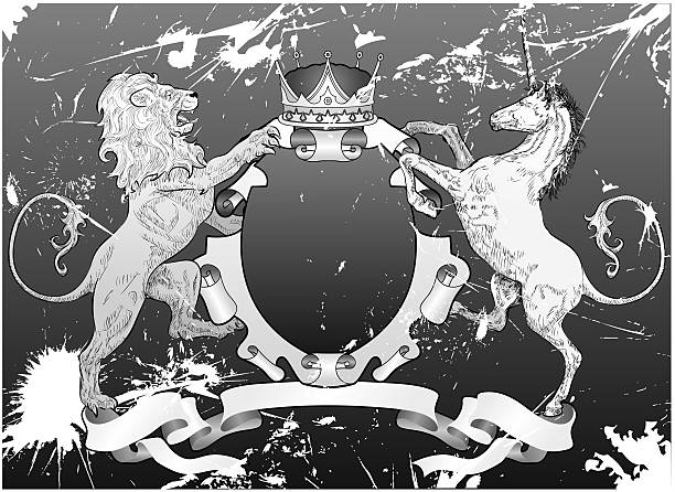 grunge lion и единорог shield - shield parchment coat of arms scroll stock illustrations