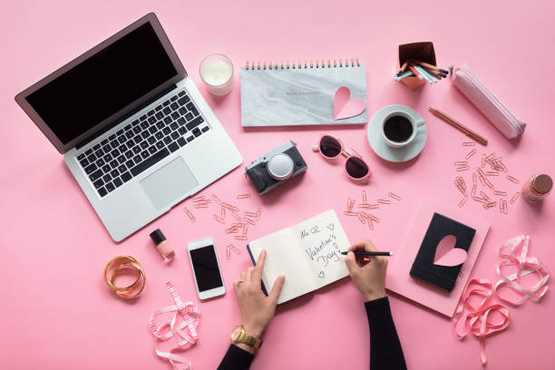 istock High angle view of female blogger table 903649936