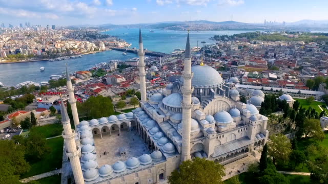 Suleymaniye Mosque from the sky, aerial view of Istanbul city, Turkey.