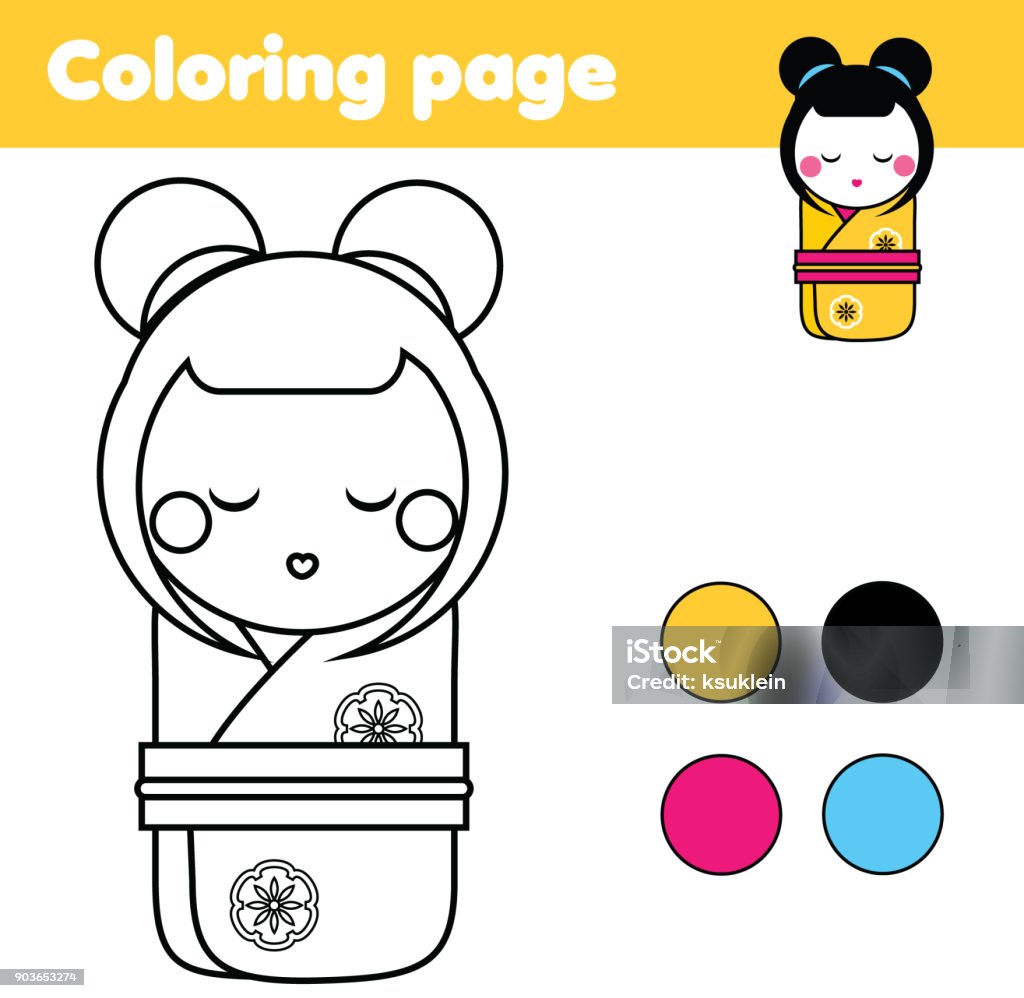 Coloring page with japanese kokeshi doll. Drawing kids game. Printable activity Coloring page with japanese kokeshi doll. Color the picture. Educational children game, drawing kids activity, printable sheet Girls stock vector