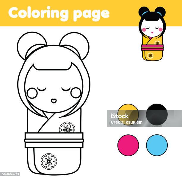 Coloring Page With Japanese Kokeshi Doll Drawing Kids Game Printable Activity Stock Illustration - Download Image Now