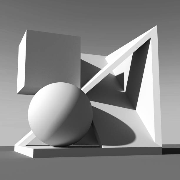 istock Modern minimalist geometric sculpture with cube and sphere. Black and white 3D render. Gradient background. 903653848