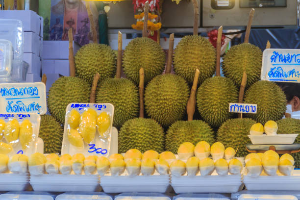 bangkok, tajlandia - 23 kwietnia 2017: organiczne owoce durian i durian flesh zapakowane na sprzedaż na or tor kor market, jednym ze świeżych rynków na świecie, który znajduje się w pobliżu weekendowego targu chatuchak w bangkoku. - or tor kor market zdjęcia i obrazy z banku zdjęć