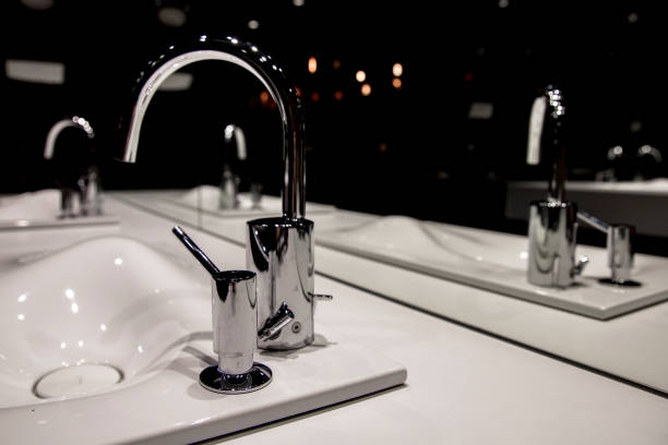 istock Chrome faucet with washbasin and modern black bathroom 903657792