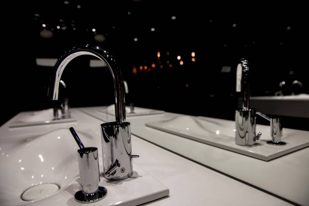 istock Chrome faucet with washbasin and modern black bathroom 903658006