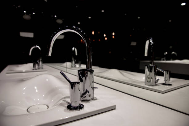 istock Chrome faucet with washbasin and modern black bathroom 903658040