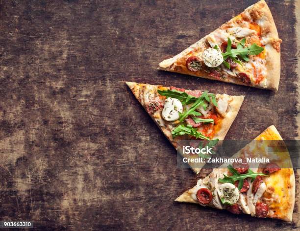 Hot Italian Pizza With Melted Mozzarella Cheese And Tomato On A Rustic Wooden Table Pizza Ready To Eat Copyspacen Stock Photo - Download Image Now