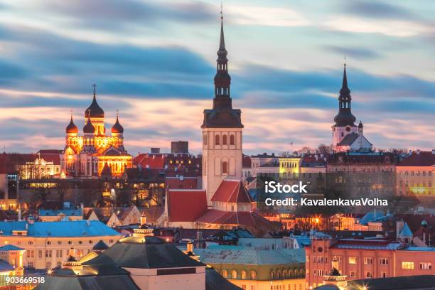 Aerial View Old Town At Sunset Tallinn Estonia Stock Photo - Download Image Now - Aerial View, Ancient, Architecture