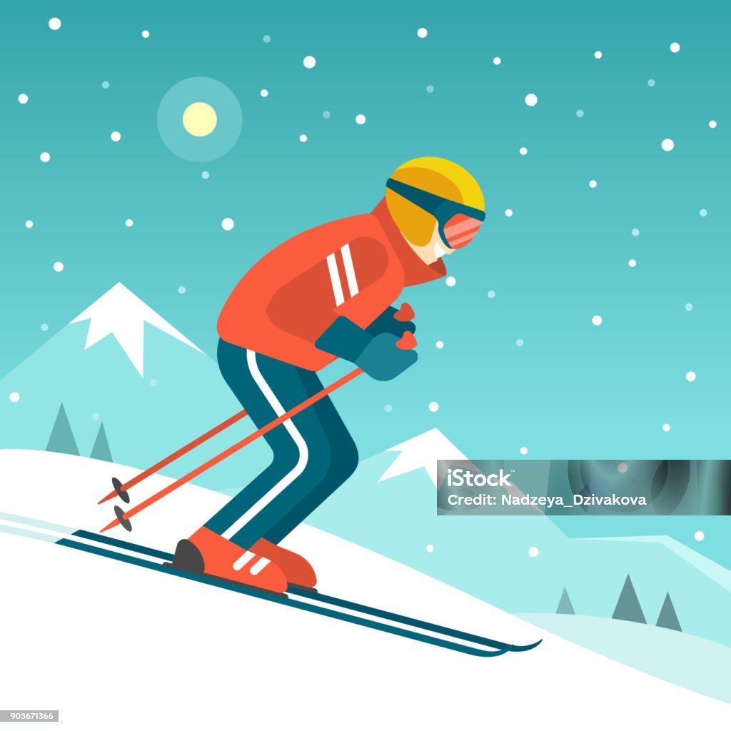 Skiing in the mountains. Vector illustration in trendy flat style with skier in red red sports suit skiing downhill on the snow mountains landscape background. Skiing stock vector