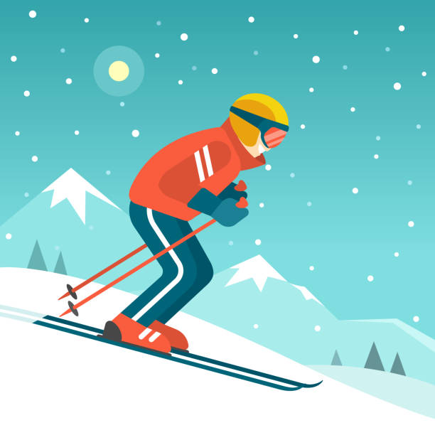 Skiing in the mountains. Vector illustration in trendy flat style with skier in red red sports suit skiing downhill on the snow mountains landscape background. skiing stock illustrations