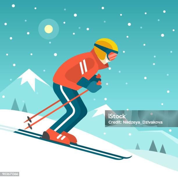 Skiing In The Mountains Stock Illustration - Download Image Now - Skiing, Ski, Illustration