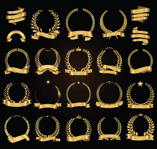 goldenen lorbeerkranz mit goldenen bändern vektor-illustration-sammlung - gold wreath stock-grafiken, -clipart, -cartoons und -symbole