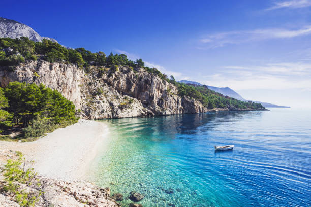 Beautiful beach, Mediterranean sea, Makarska riviera, Croatia Amazing Nugal beach near Makarska town, Dalmatia, Croatia croatia stock pictures, royalty-free photos & images