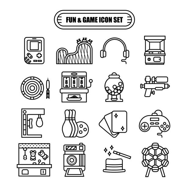 illustrazioni stock, clip art, cartoni animati e icone di tendenza di set di icone di design della linea di gioco e divertimento - amusement arcade arcade video game sport