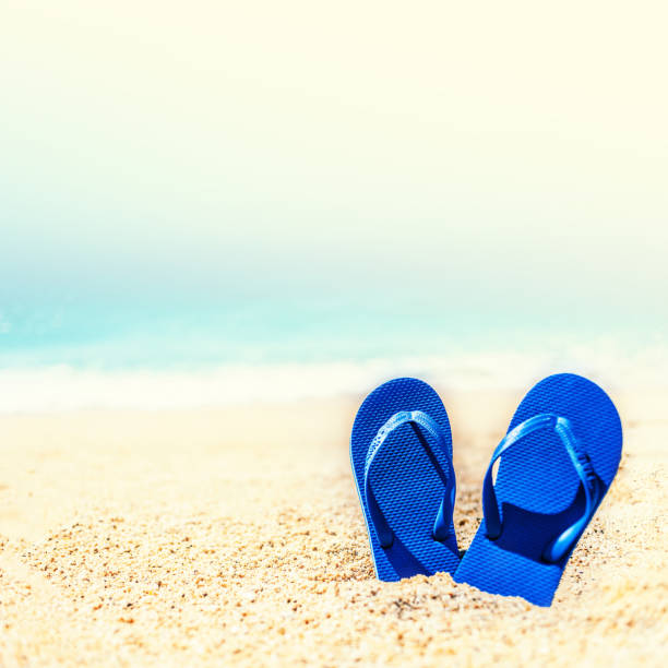 istock Summer holiday beach background with flip flops on a tropical beach. Slippers from a sand on a beach, funny concept 