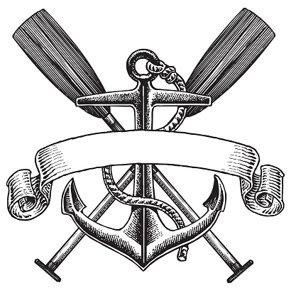 Pen and ink style illustration of a ship's oar and anchor with banner. Check out my portfolio for more.
