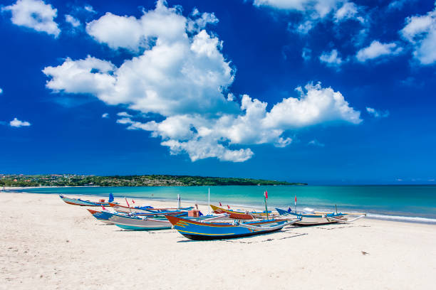 barche da pesca tradizionali di bali - fish sand beach horizontal foto e immagini stock