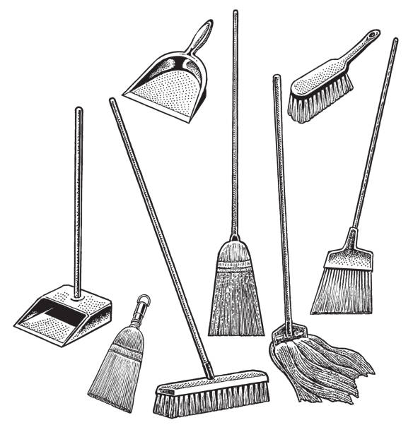 illustrations, cliparts, dessins animés et icônes de fournitures, mop, balai, pelle de nettoyage - dustpan brush