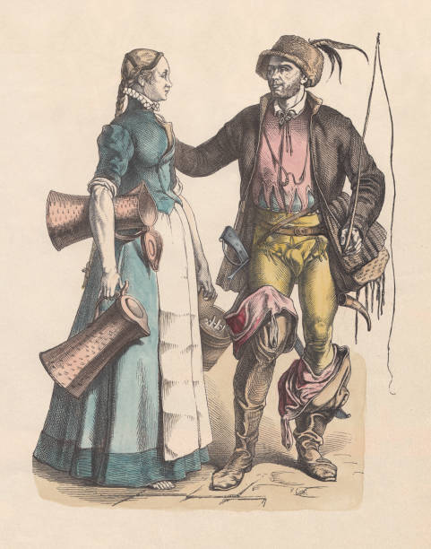 nürnberg-maid und kutscher, veröffentlicht ende des 16. jahrhunderts, ca. 1880 - 16th century style stock-grafiken, -clipart, -cartoons und -symbole