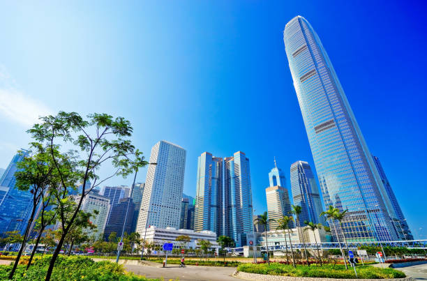 Skyline with International Finance Centre in the financial district of Hong Kong stock photo