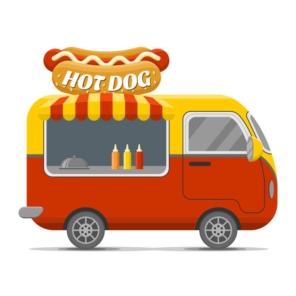 Hot dog street food vector caravan trailer Hot dog street food caravan trailer. Colorful vector illustration, cartoon style, isolated on white background hot dog stand stock illustrations