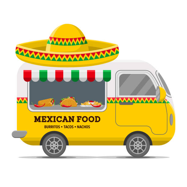 illustrazioni stock, clip art, cartoni animati e icone di tendenza di trailer caravan vettore cibo di strada messicano - pink pepper illustrations