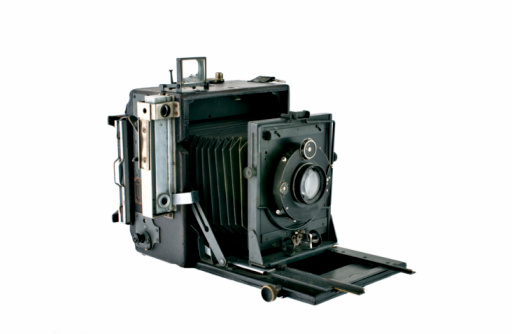 Detailed photograph of a vintage bellows press type camera