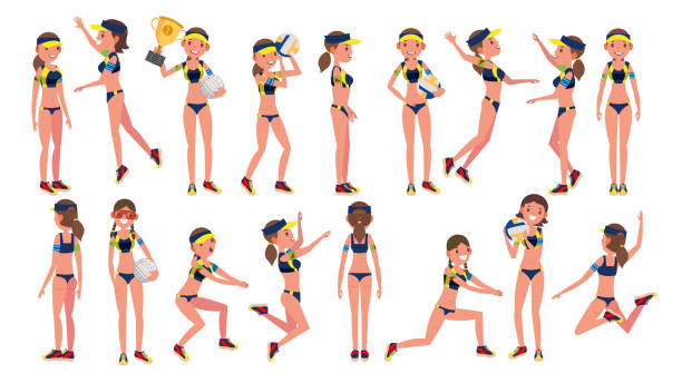 ilustraciones, imágenes clip art, dibujos animados e iconos de stock de mujer playa voleibol jugador vector. gente de campeonato deportivo. posición diferente. ilustración de dibujos animados carácter - volleyball volleying women female