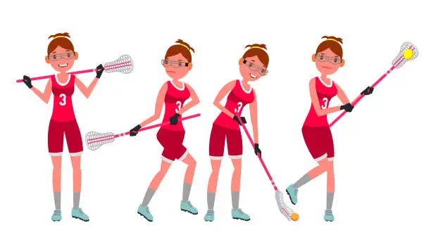 Vector illustration of Female Lacrosse Player Vector. Profesional Sport. Holding Lacrosse Stick. Girl s Lacrosse Player. Isolated On White Cartoon Character Illustration