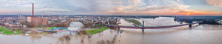 Aerial view of the skyline of the city of Duisburg in Germany during the Flooding of January 2018