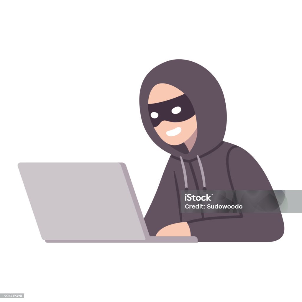 Computer hacker thief Hacker thief with laptop computer stealing passwords and confidential data. Cyber attack and security vector illustration. Computer Hacker stock vector